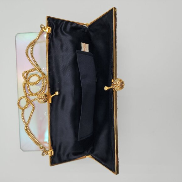 VTG Black & Gold Hand-Beaded Evening Bag Ornate Design & Chain Strap By Walborg - Picture 12 of 16